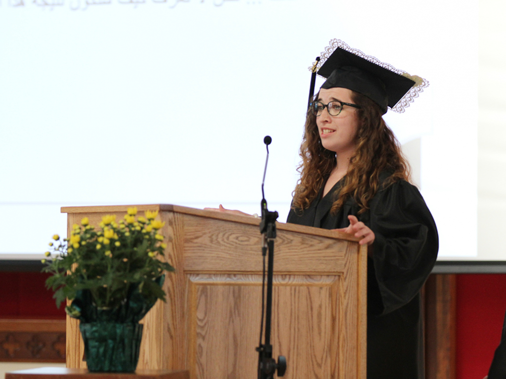 Genevieve Callejo ’19 delivers the reading "Inclusivity: Easy to Talk About, Yet Hard to Implement." 